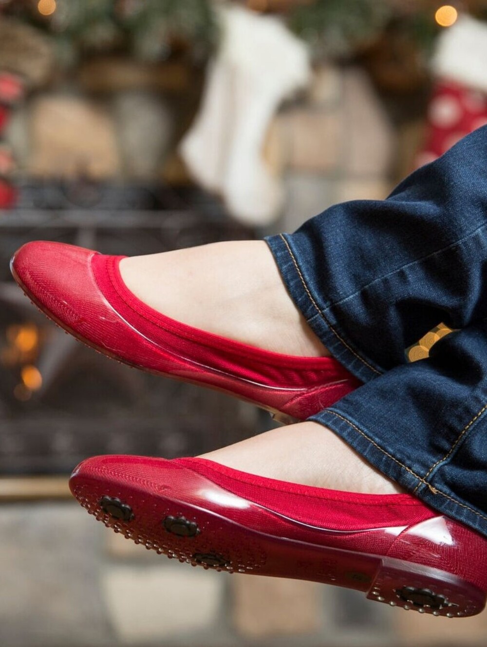 Ja-Vie True Red Jelly Ballet Flats - Comfortable Knit & Glossy Toe Cap Sz 5